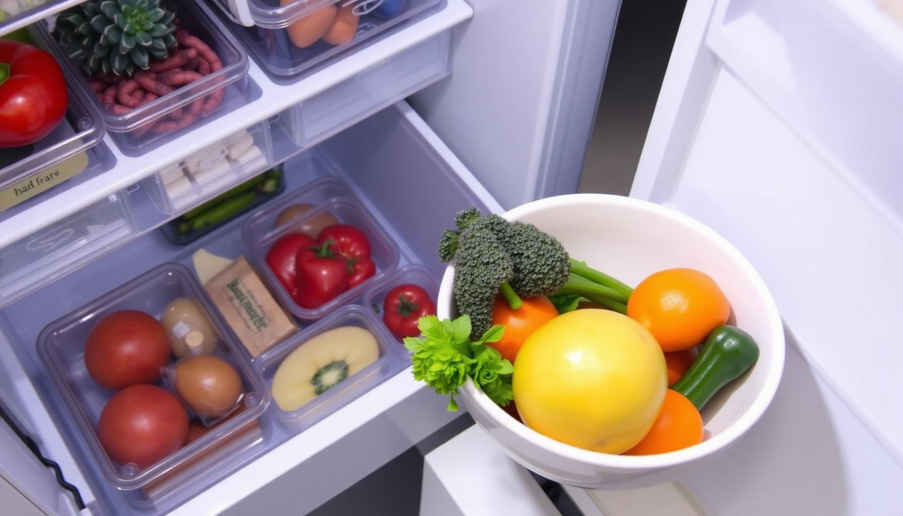 Fresh fruit and vegetables stored correctly on the counter and in the fridge to last longer
