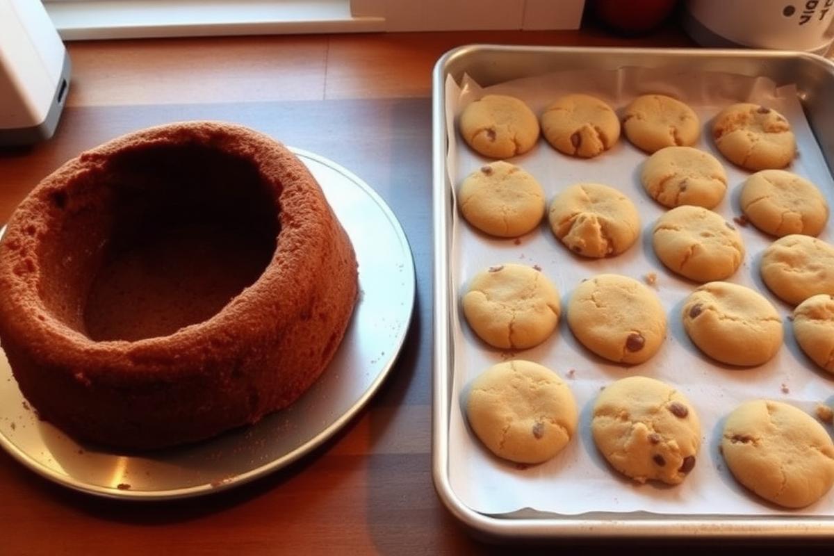 A sunken cake and flat spread cookies, two of the most common baking mistakes